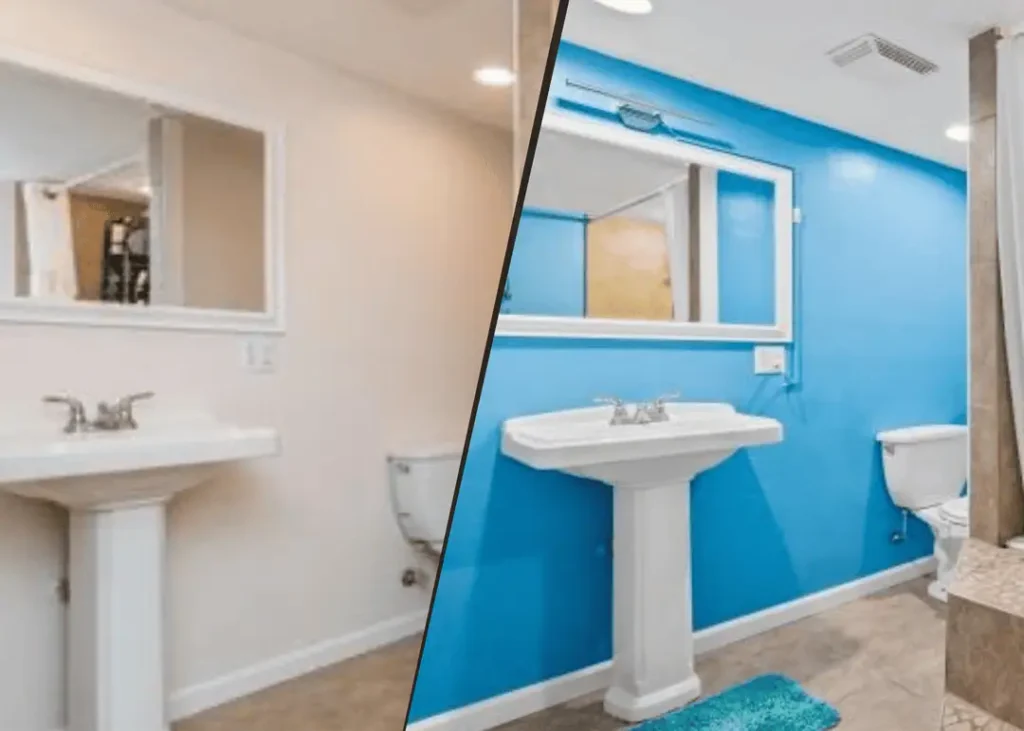 Before and after of a bathroom. It was repainted and a new light fixture hung above the mirror over the sink by Seasons Home Solutions.
