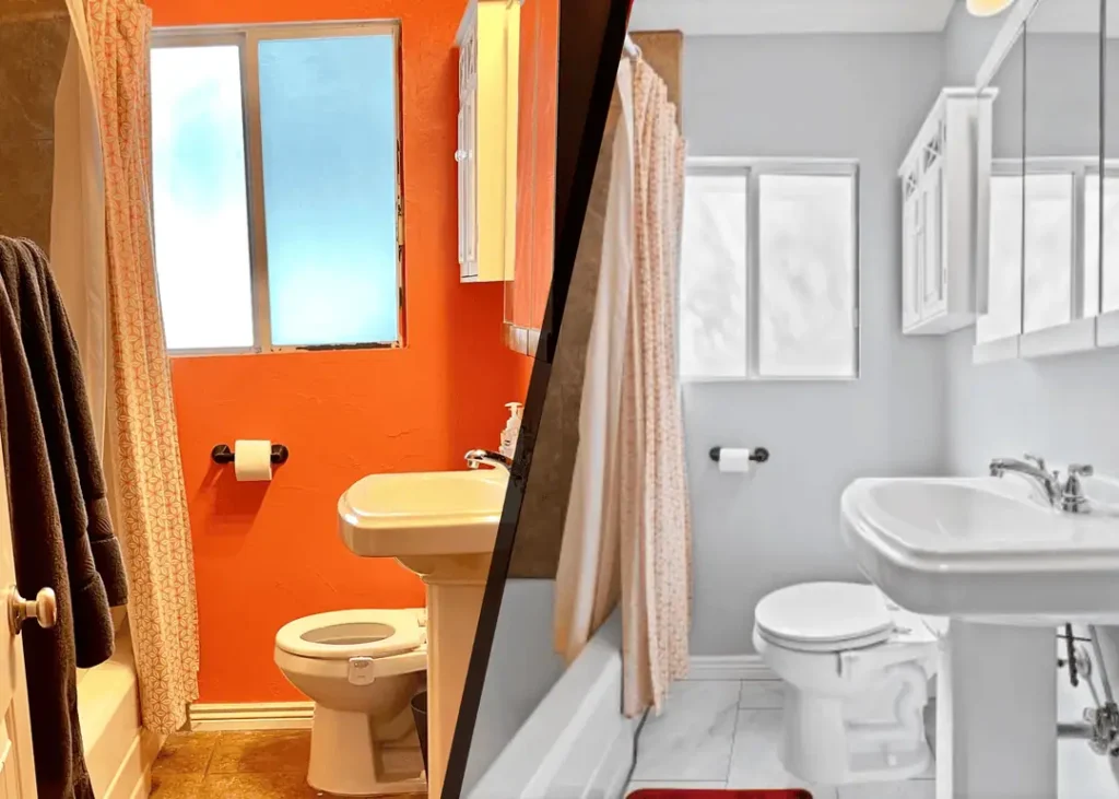 Before and after of a bathroom painted by Seasons Home Solutions