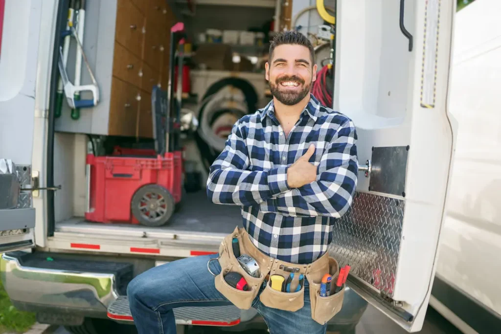 A handyman smiling while standing behind his van with rear doors open