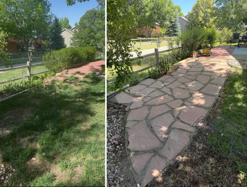 Home A flagstone walkway along a backyard fence to a patio installed by Seasons Home Solutions
